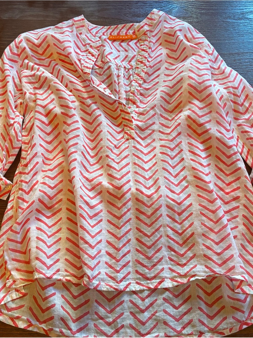 Oliphant Quiet Luxury Pink Coral Cotton Chevron Henley Blouse Top Size M Medium
